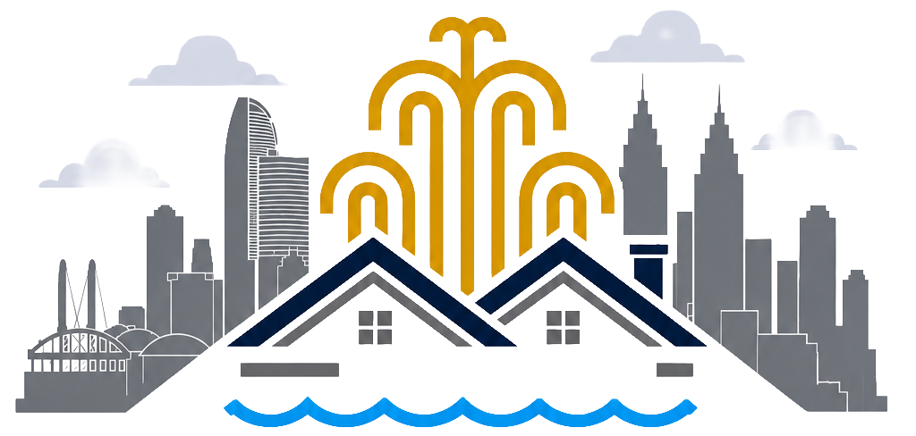 Rio Restoration header artwork: city skyline, fountain, and rooftop mark